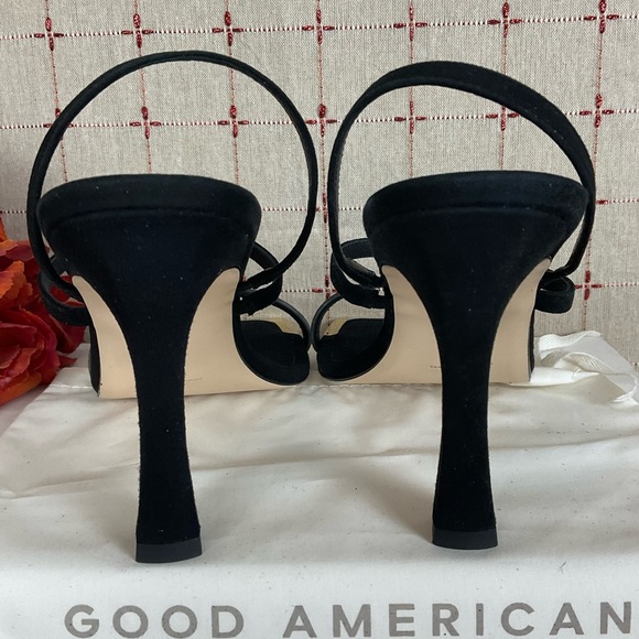Good American Suede Strappy Heels Gold Square Toe Sz 11.5 Black Leather New - Picture 4 of 6